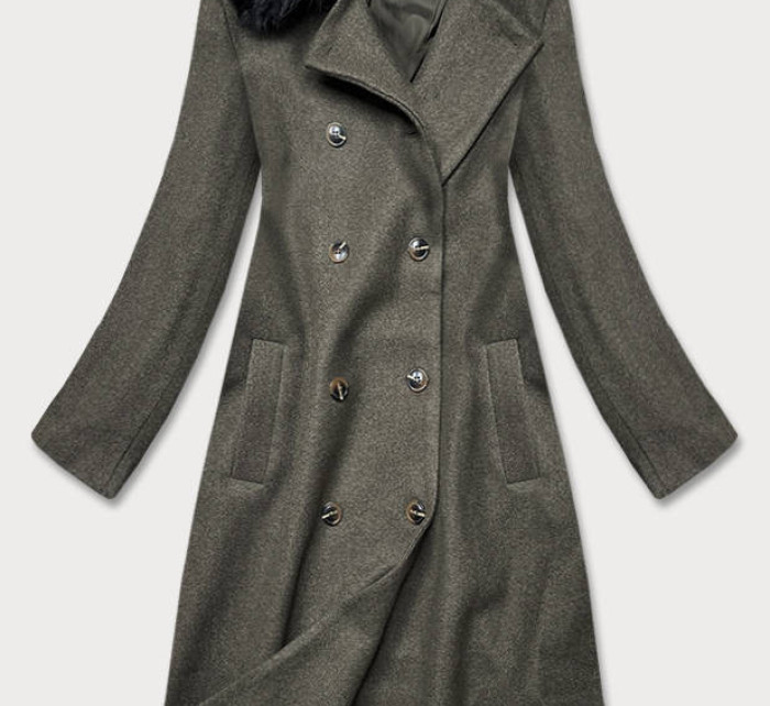Dlhý kabát v khaki farbe s kožušinovým golierom (20201202)