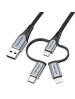Vention USB-A 3v1 Micro-B USB-C Lightning kábel 1 m sivý