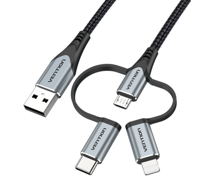 Vention USB-A 3v1 Micro-B USB-C Lightning kábel 1 m sivý