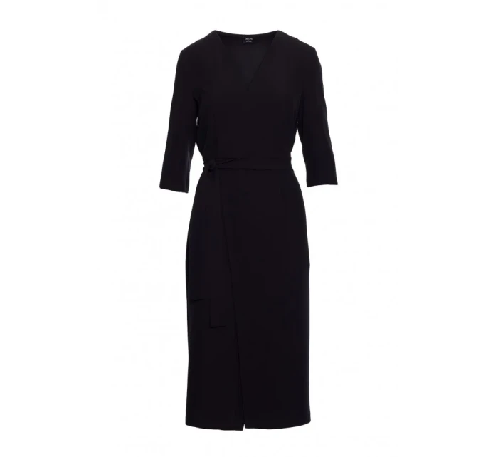 S396 Šaty v strednej dĺžke so zavinovacími detailmi - čierne