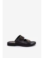 Skórzane Płaskie Klapki Z Klamrami Zazoo 3020 Czarne