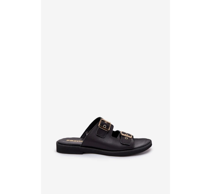 Skórzane Płaskie Klapki Z Klamrami Zazoo 3020 Czarne