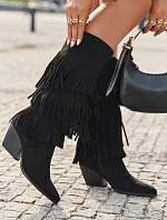 Ocieplane Kozaki Kowbojki Damskie Z Frędzlami Czarne Brivina