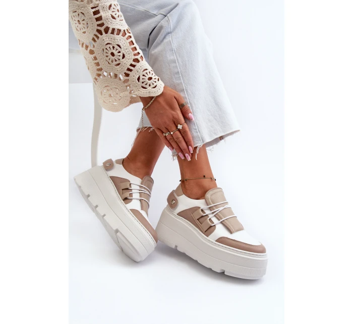 Zazoo 1833 Sneakersy Damskie Skórzane Na Masywnej Podeszwie Beżowo-Białe