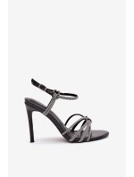 Dámske sandále na podpätku s remienkami a kamienkami Tanelle - čierne