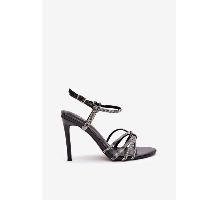 Dámske sandále na podpätku s remienkami a kamienkami Tanelle - čierne