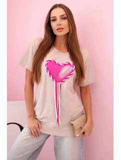 Dámské oversize tričko srdce a třásněmi s krátkým rukávem béžové