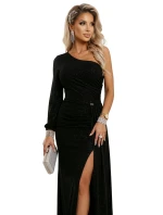 model 21822290 Třpytivé maxi šaty na jedno rameno s asymetrickými rukávy a rozparkem černé - numoco