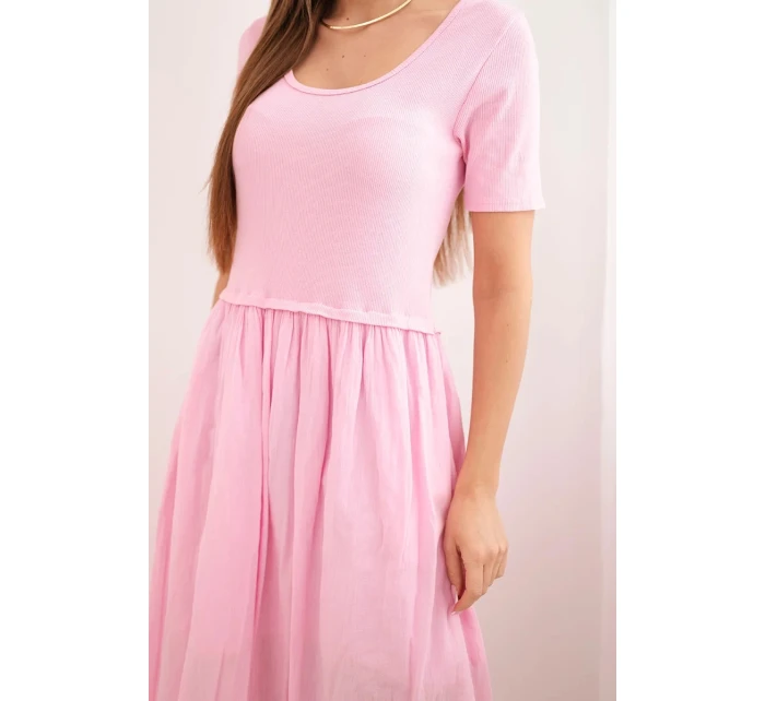 Dámské bavlněné midi šaty s krátkým rukávem a rozšířeným spodkem světle růžová