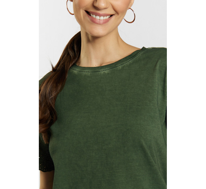 Bavlnené dámske tričko Monnari s prelamovanými volánikmi Bottle Green