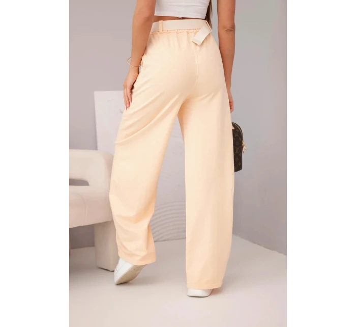 Dámske bavlnené nohavice so širokými nohavicami a opaskom marhuľová