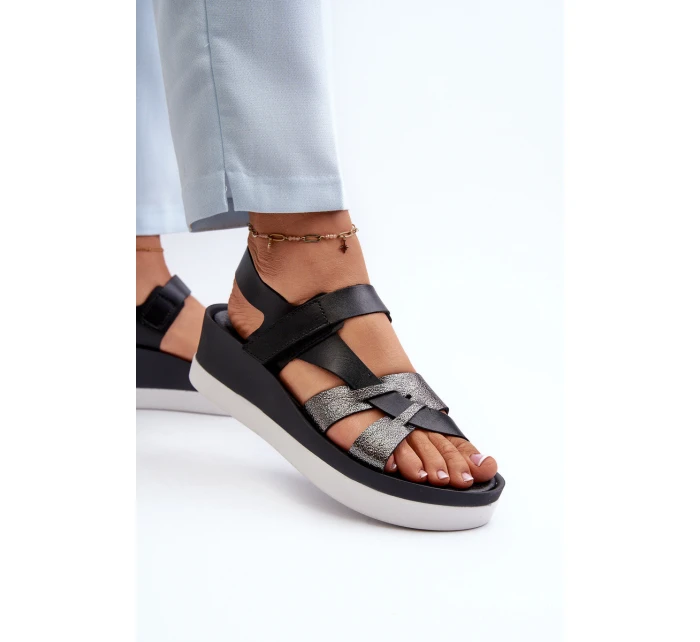 Zazoo 40397 Damskie Skórzane Sandały Na Platformie Czarne