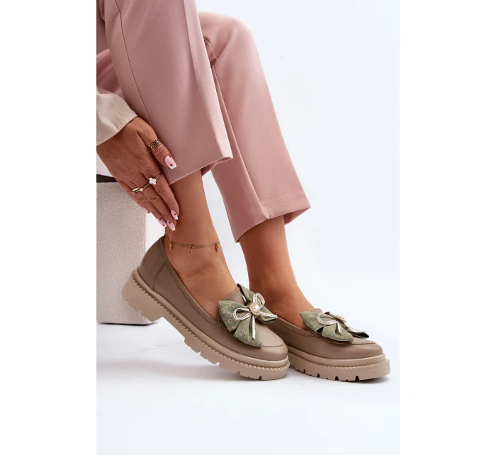 Damskie Skórzane Mokasyny Z Kokardą Laura Messi 2787 Beżowe