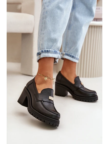 model 21669248 Elegantní Dámské Polobotky Na Podpatku Přírodní Kůže Černá - Zazoo