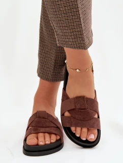 Dámské pantofle Eko semiš s pásky tmavě hnědé model 21918929 - Boto