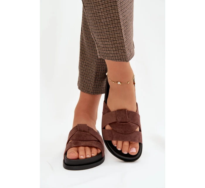 Dámské pantofle Eko semiš s pásky tmavě hnědé Marivessa