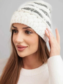 Dámska zimná čiapka z vlny v hrubom úplete a pruhoch K465 ecru + graphite