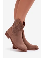 Dámské kotníkové boty na nízkém podpatku s krajkovým vzorem model 22007421 Hnědé - S.Barski