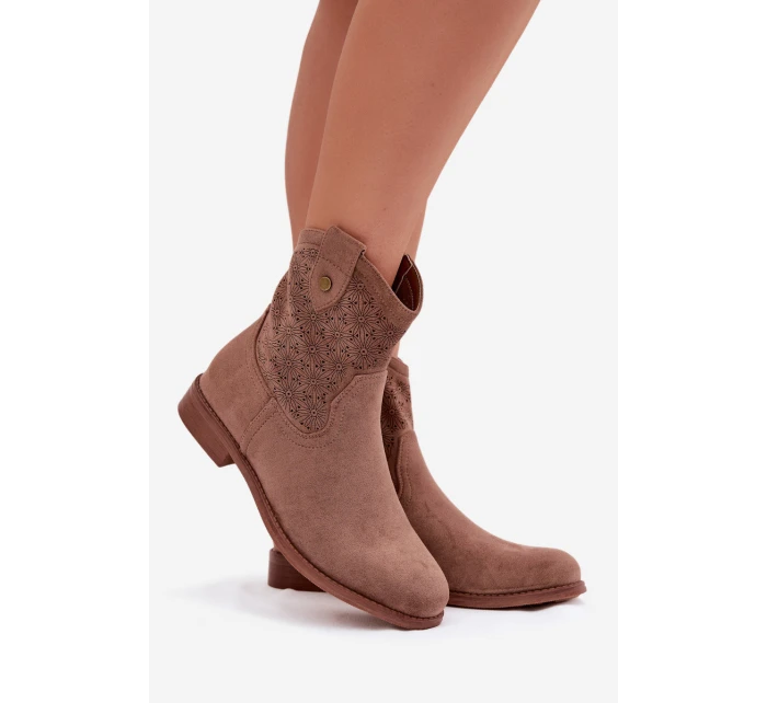 Dámské kotníkové boty na nízkém podpatku s krajkovým vzorem model 22007421 Hnědé - S.Barski