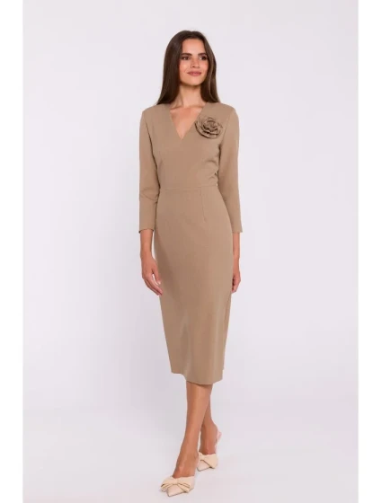 S372 Kvetinové šaty v tvare ceruzky - béžové