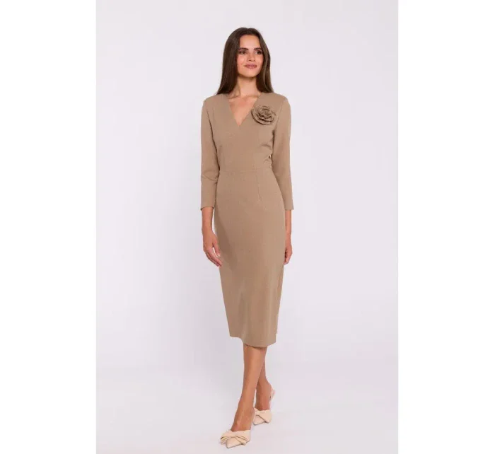 model 20502990 Květinové tužkové šaty béžové - STYLOVE