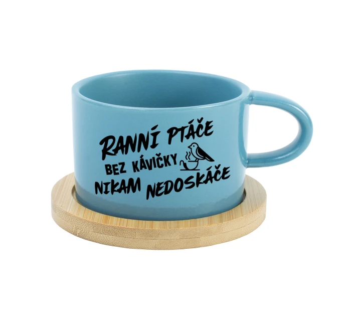 RANNÍ PTÁČE BEZ KÁVIČKY NIKAM NEDOSKÁČE - modrý hrníček makronka 200 ml