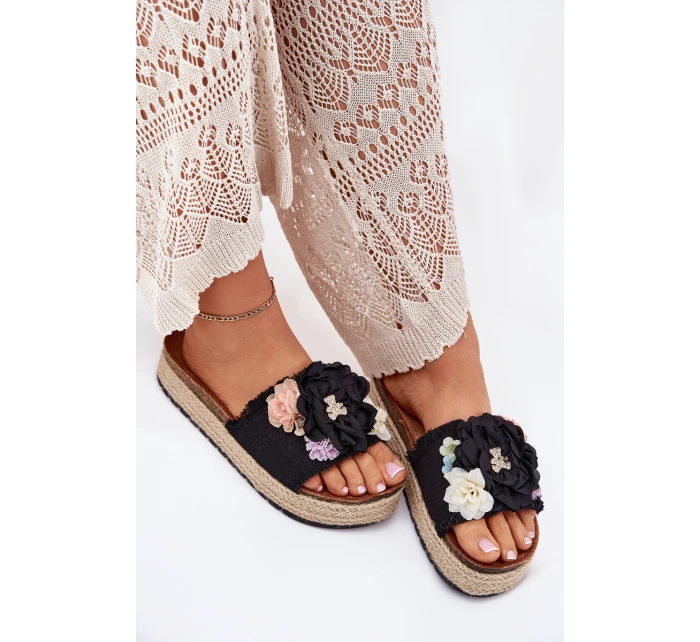 Klapki Damskie Z Kwiatami Platforma Z Plecionką Czarne Zenvanis Klapki Damskie Z Kwiatami Platforma Z Plecionką Czarne Zenvanis