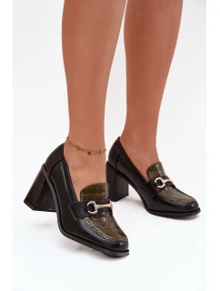 Półbuty Damskie Na Słupku Z Tłoczeniem I Złotym Detalem Zielono-Czarne Novella