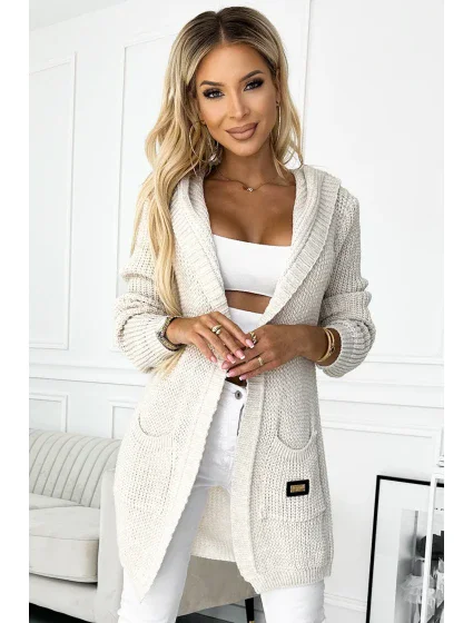 488-1 Cardigan - Kapucňa s vreckami a nášivkami - béžová