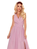JUSTINE - Dlhé dámske šaty v púdrovo ružovej farbe s výstrihom a zaväzovaním 362-3