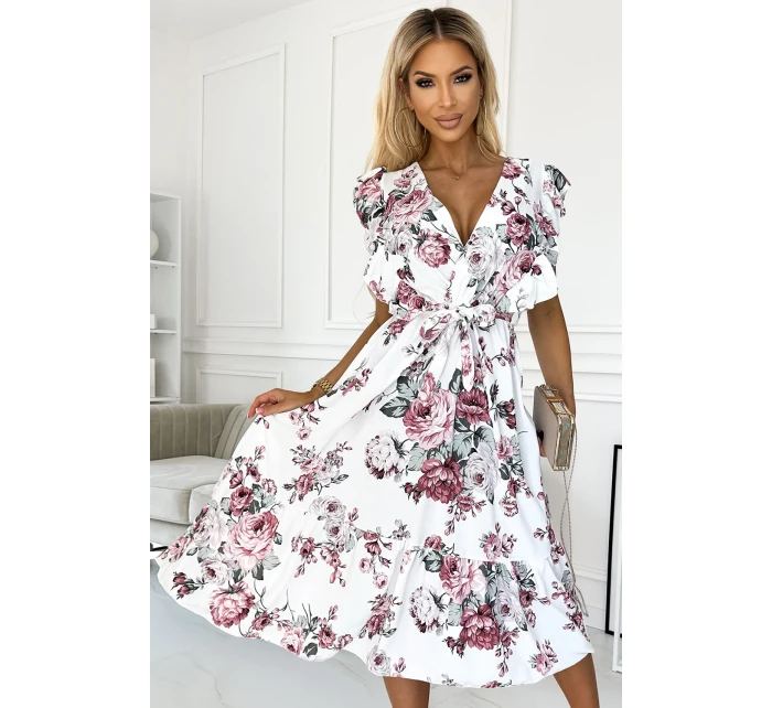 GABRIELLA Bílé dámské šaty s výstřihem, zavazováním a se vzorem bordó růží model 21290241 - numoco basic GABRIELLA Bílé dámské šaty s výstřihem, zavazováním a se vzorem bordó růží model 21290241 - numoco basic