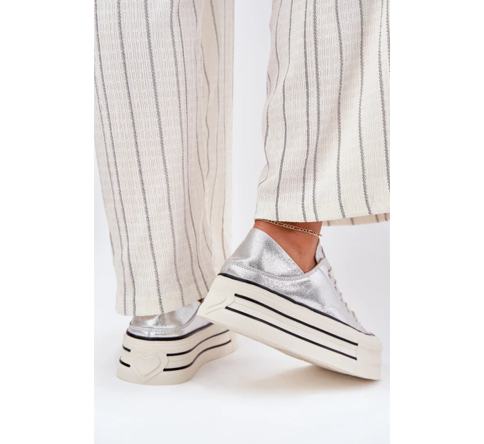 Dámské Kožené Tenisky Na Platformě model 21691401 Stříbrné - Goe