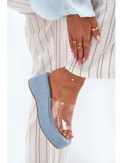Klapki Damskie Z Transparentnym Paskiem Na Koturnie Jeansowe Meltiana