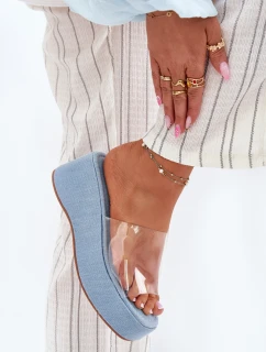 Klapki Damskie Z Transparentnym Paskiem Na Koturnie Jeansowe Meltiana