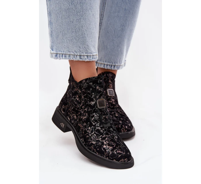 Botki Z Naturalnego Zamszu Na Niskim Obcasie D&A CR52-713 Czarno-Brązowe