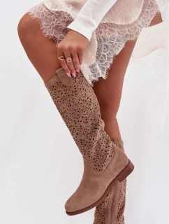 Dámské perforované vysoké kozačky na nízkém podpatku S.Barski HY61-8023 Béžové