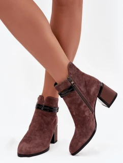 Dámske členkové topánky zo semišovej kože so stĺpcovým podpätkom - hnedé