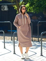 Dlhé šaty s kapucňou 9623 Tmavo béžová - K-Fashion