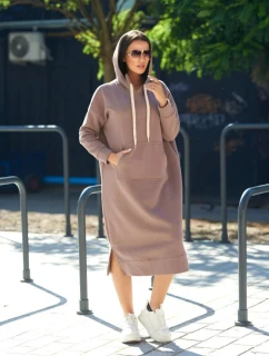 Dlhé šaty s kapucňou 9623 Tmavo béžová - K-Fashion