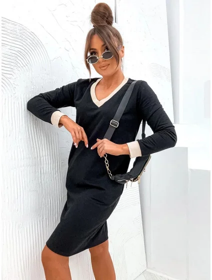 Čierne bavlnené šaty s ozdobným šnúrkovým lemom (770)