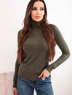 Dámsky viskózový sveter s rolákom a dlhými rukávmi khaki