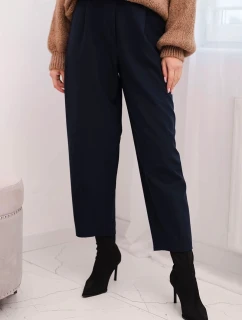 Dámské kalhoty s vysokým pasem a záhyby modré