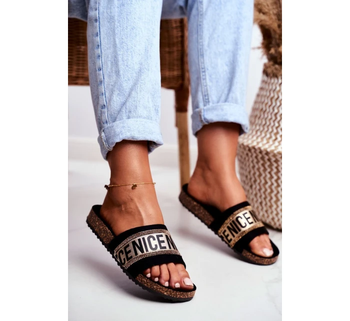 Klapki Na Korku Z Cyrkoniami Czarno-Złote Be Nice