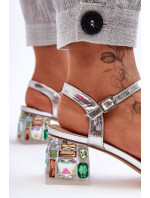 Dámske sandále na podpätku so striebornými kryštálmi SBarski