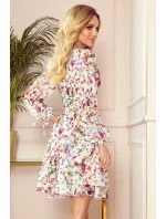 ZOE - Vzdušné dámske šifónové šaty s dekoltom, farebné kvety na svetlom pozadí 305-1