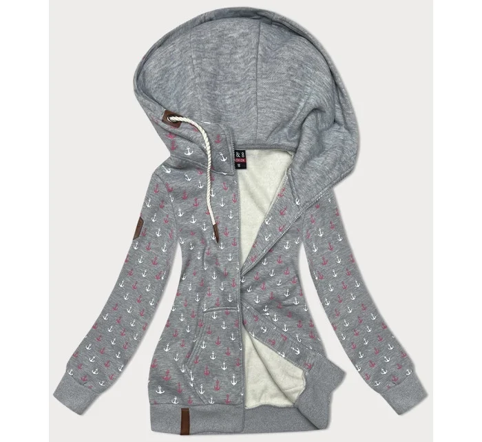 Teplá sivá mikina na zips so vzorom kotvy (2307)