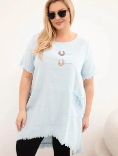 Dámské bavlněné šaty Plus Size s prodlouženým zadním dílem a kapsou modrá