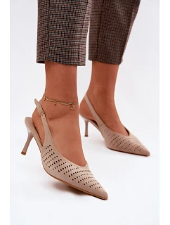 Dámske sieťované sandále na podpätku z umelého semišu Beige Torielle