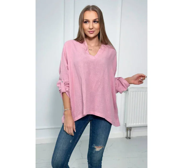 Mušelínová blúzka s vyhrnutými rukávmi svetlo ružová
