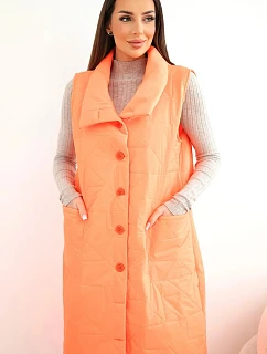 Dámska prešívaná dlhá vesta s vreckami a stojacím golierom neónovo oranžová